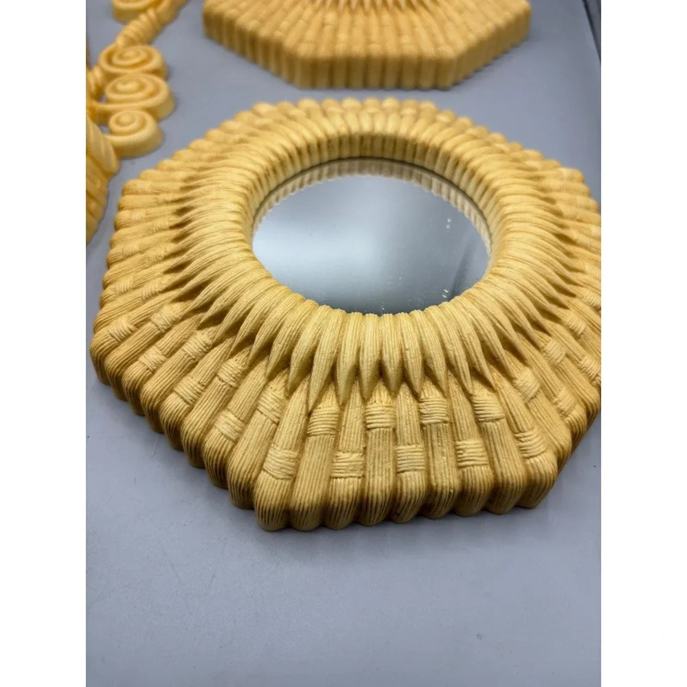 Vtg Wicker Style Wall Decor Set Wall Pocket Octagon Mirrors Boho  Rattan